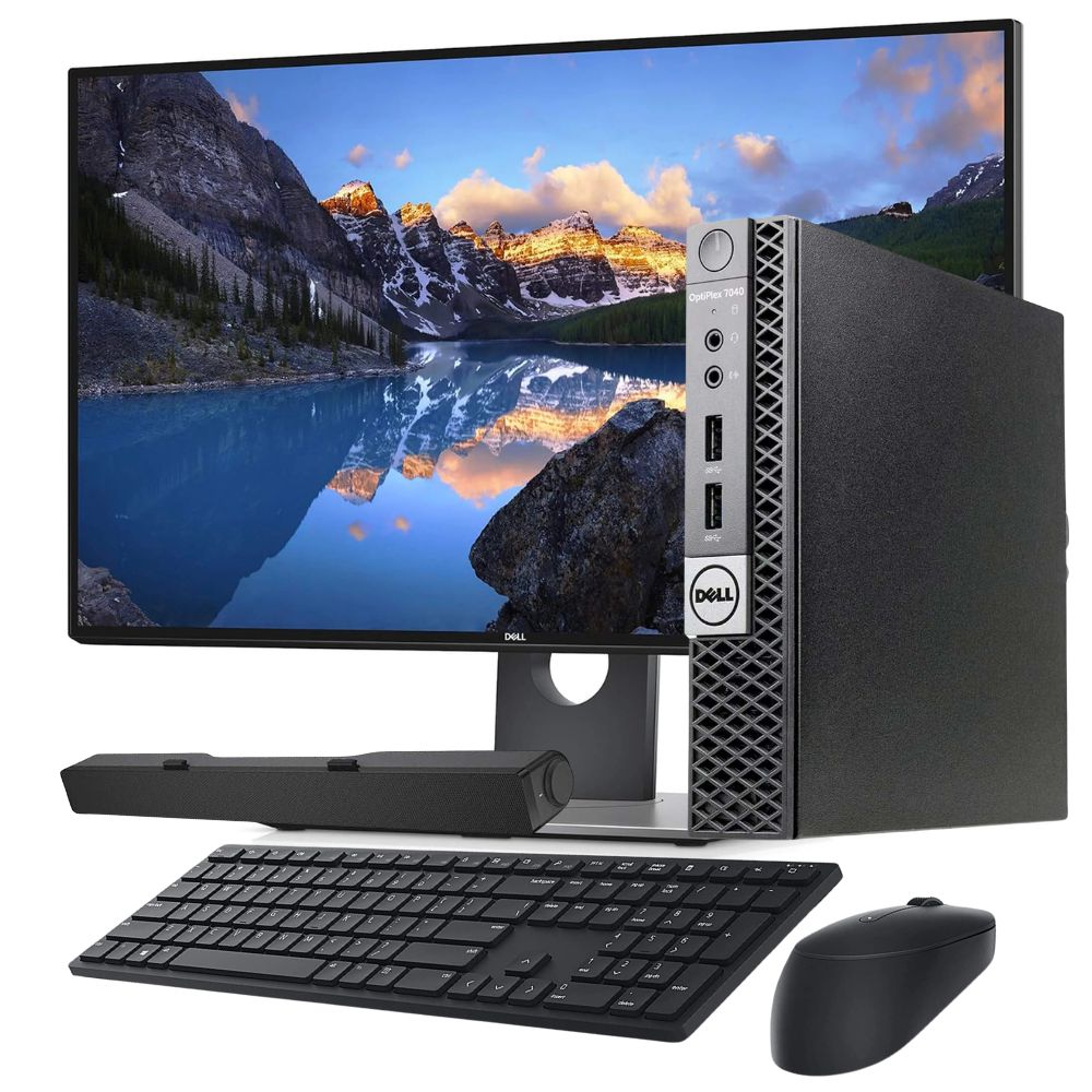 Postazione Completa DELL mini PC 7040, tastiera e mouse, monitor 27" e soundbar
