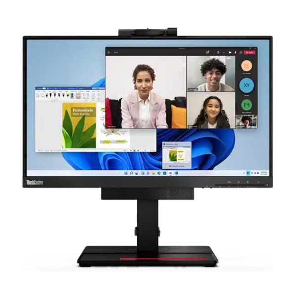 All-In-One TIO22 3th con PC M720q, fronte con display acceso sfondo windows e varie foto e immagini
