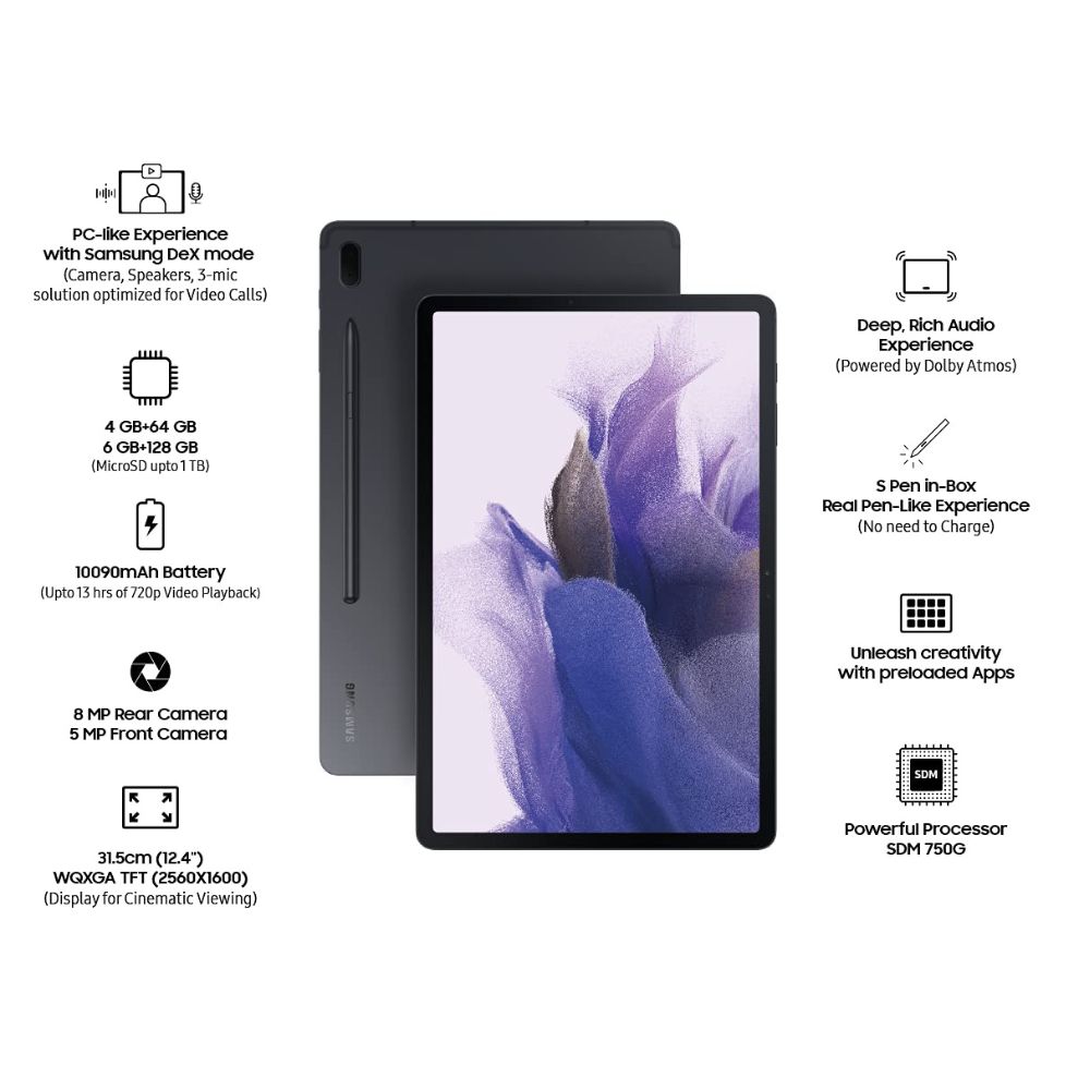 Samsung Galaxy Tab S7 FE, fronte retro in verticale con varie specifiche del prodotto elencate riguardanti memoria, batteria, processore
