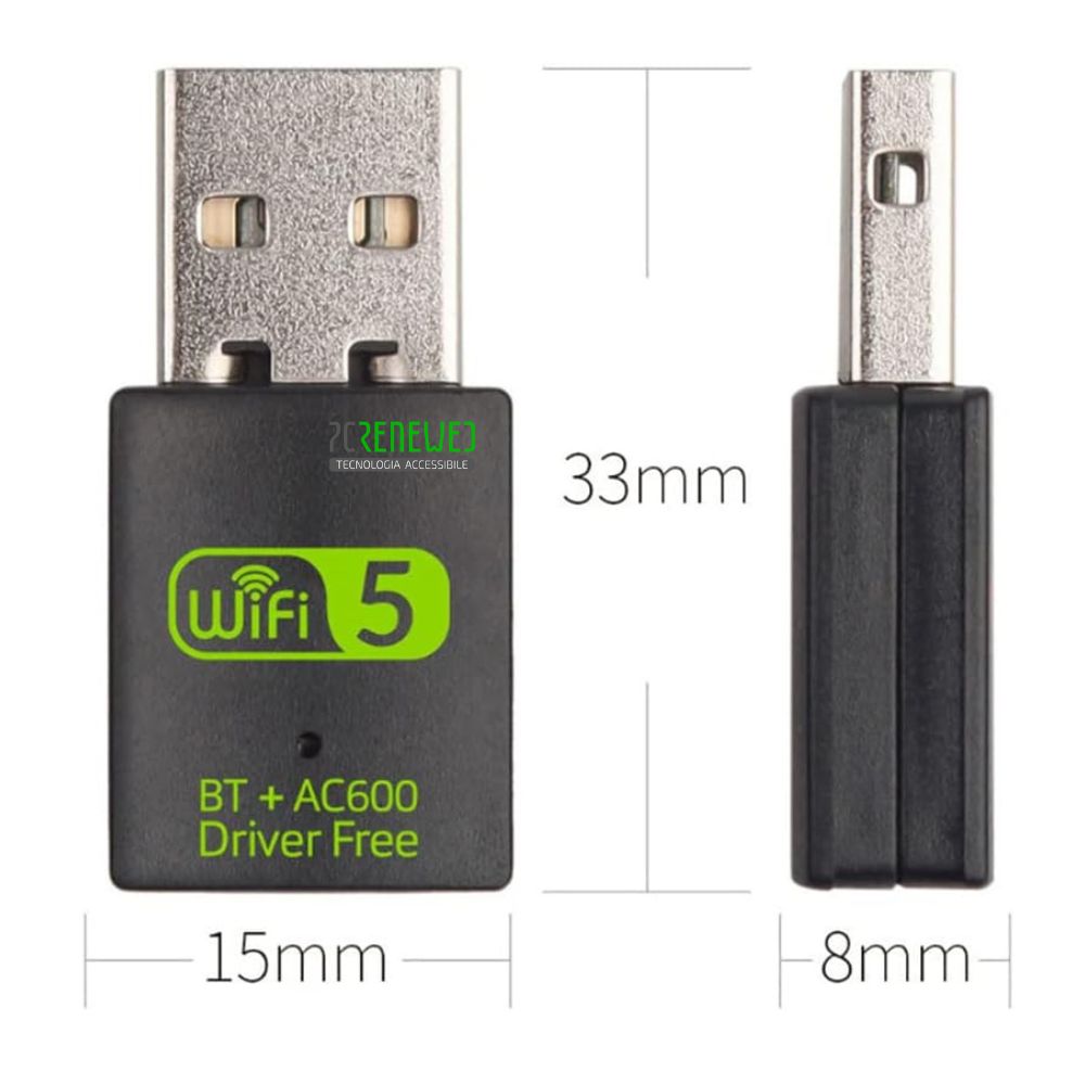 USB WiFi e Bluetooth, fronte e lato con specificate le dimensioni in cm