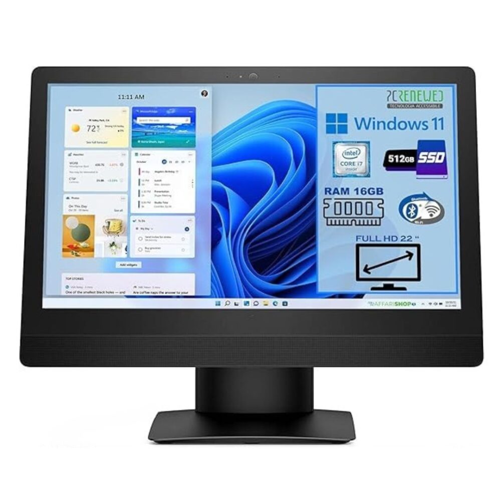 PC HP ProOne 600 G3 All-In-One, fronte con varie specifiche del prodotto evidenziate sul display dello stess