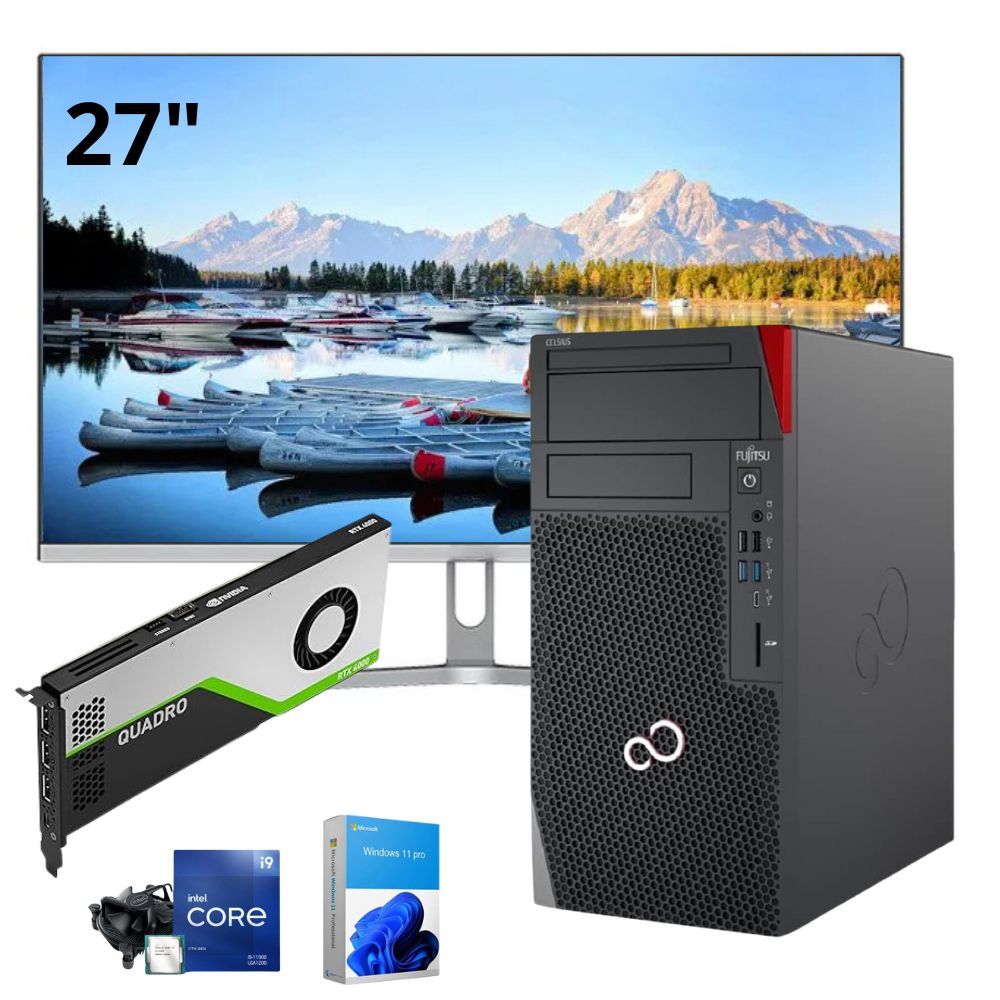 Fujitsu Celsius con Scheda Video RTX 4000, con monitor 27", logo processore e windows 11pro