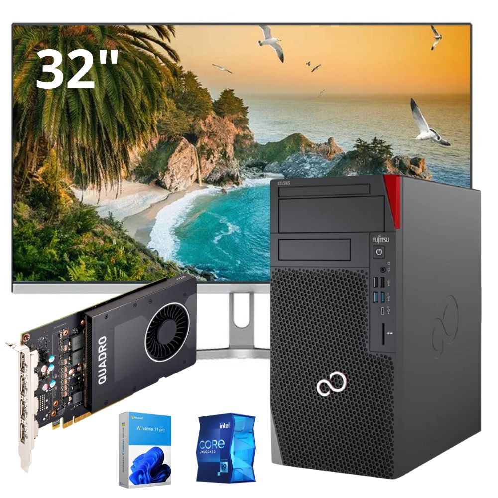 Postazione Completa Fujitsu Celsius con Monitor 32", scheda video p2200, logo windows 11pro e del processore i9