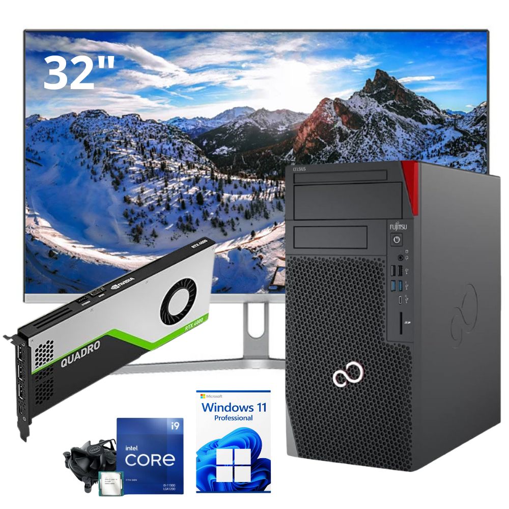 Fujitsu Celsius con RTX 4000 e monitor 32", loghi in basso del processore e di windows 11pro