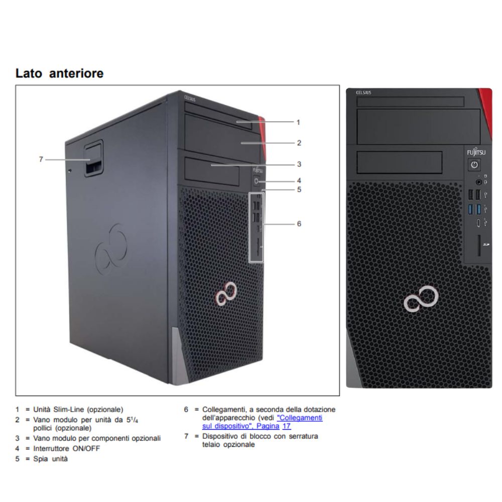Postazione Completa Fujitsu Celsius, fronte con tutte le specifiche