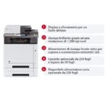 Stampante Kyocera ECOSYS Multifunzione, foto sulla sinistra e sulla destra specifiche e funzioni della stessa