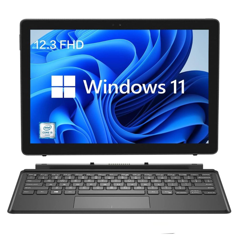 Notebook 2 in 1 DELL Latitude 5285, display staccato dalla tastiera, fronte. Con logo windows 11 sul display