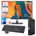 postazione completa con pc optiplex mini 7050 con monitor 27", tastiera e mouse wireless, icona windows 11 e office 2021 a sinistra