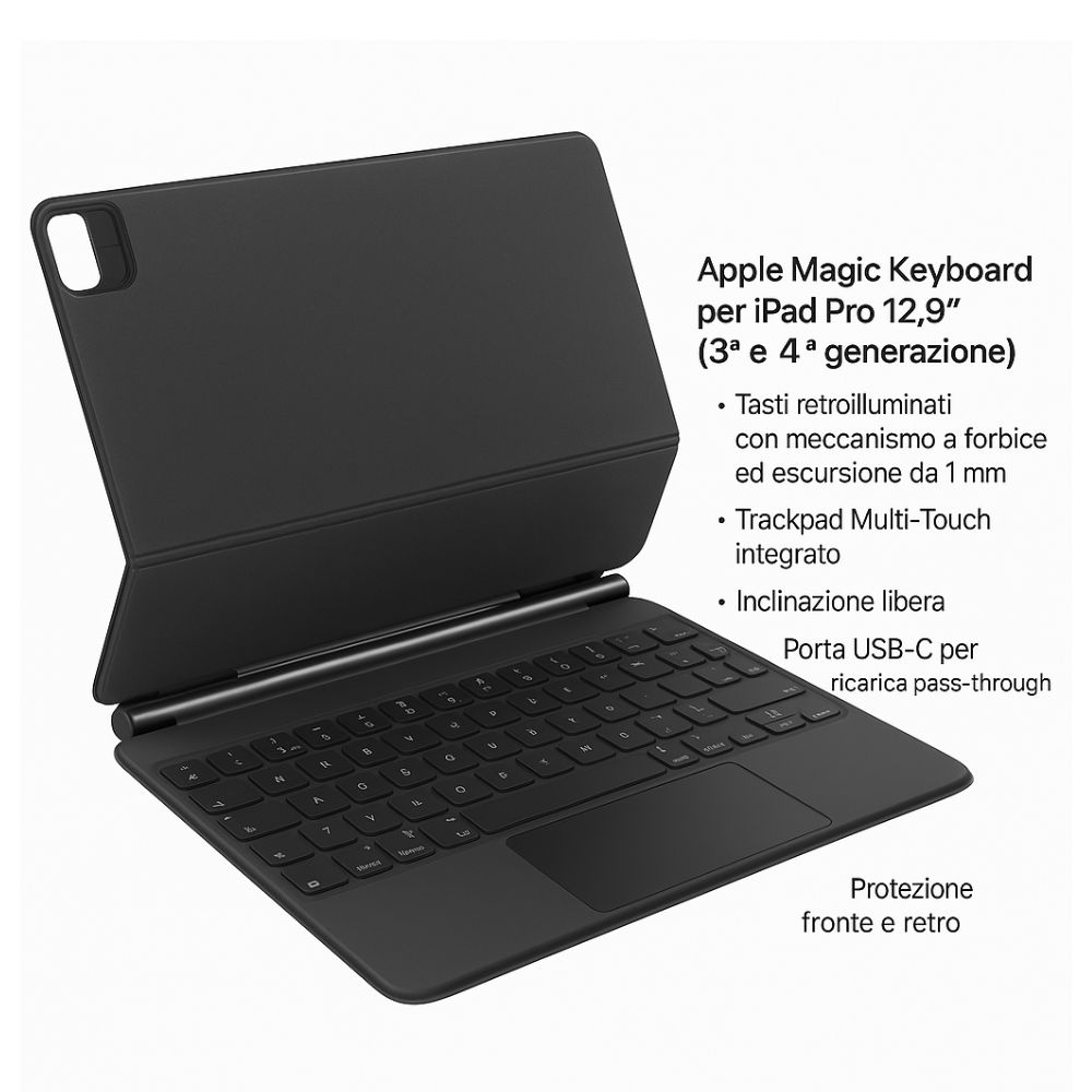 Apple Magic Keyboard iPad Pro 12.9, aperta e leggermente laterale con specifiche tecniche