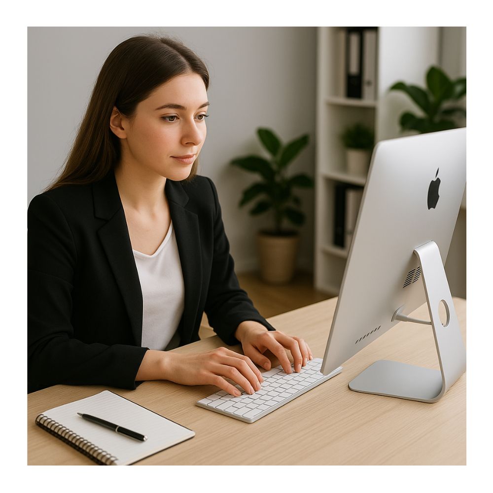Magic Keyboard Apple A1644, con ragazza che lavora davanti al pc seduta in ufficio