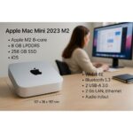 Apple Mac Mini 2023 M2, con specifiche tecniche in primo piano e sullo sfondo una ragazza che lavora al pc