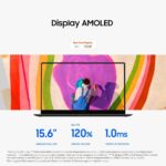 Samsung Galaxy Chromebook Plus, laptop aperto con descrizione riguardanti il display amoled