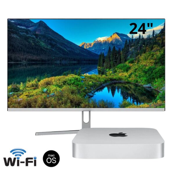 Postazione completa con Mac M2, monitor 24" logo wifi e ios in basso a sinistra
