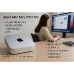 Postazione completa con Mac M2, solo pc in evidenza con specifiche e dimensioni nello sfondo un aragzza davanti ad uno schermo